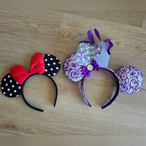 2 MINNIE MOUSE EARS Headbands *NEW* Purple Velvet & Classic Red Bow